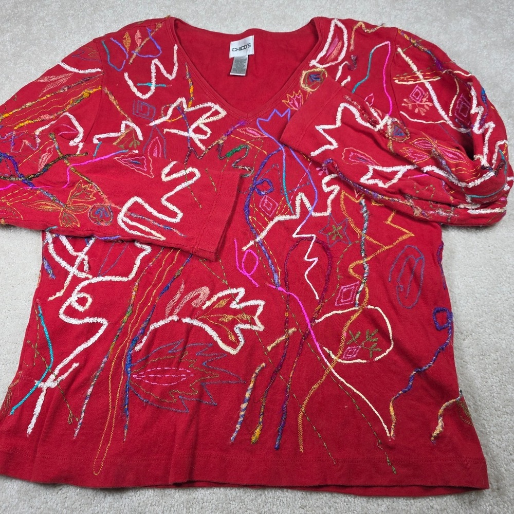 Chico's T-Shirt Womens 2 Red Cotton Embroidered V-Neck Long Sleeve Vintage